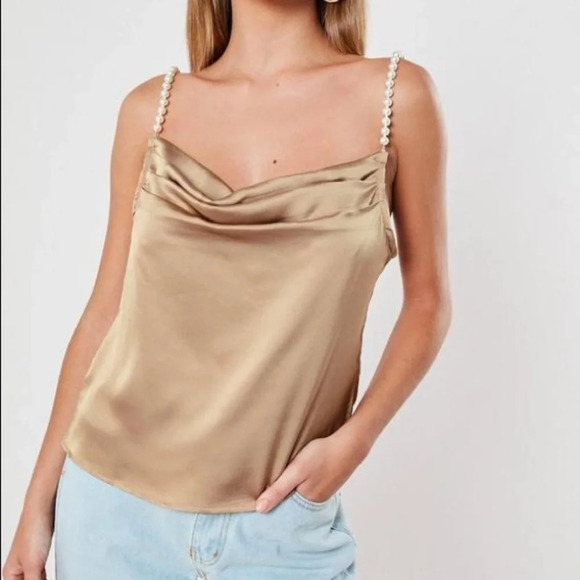 MISSGUIDED Satin Cowl Neck Pearl Strap Top​ - Picture 1 of 5